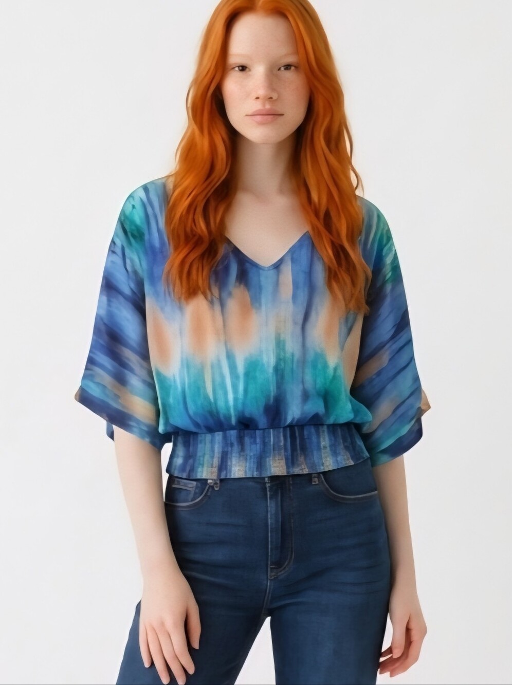 Eye Catching MARC NEW YORK Blue/Greens Abstract Tie-dye Print Blouse XL